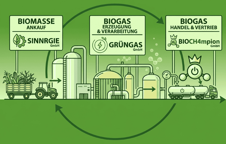 Infografik: Ankauf der Biomasse durch Sinnrgie, Verarbeitung zu Biogas durch Grüngas, Vertrieb durch Bioch4mpion.